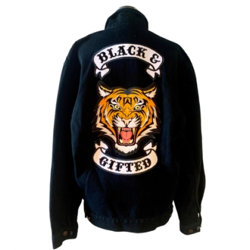 First Choice Black Denim Jacket with Tiger Embroidery Mens Unisex Size Medium